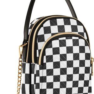 Black White Checkered Crossbody Bag for Women Shoulder Handbag Ladies Purse Cell